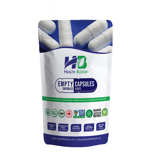 Pack of Health Bloom empty capsules on a white background