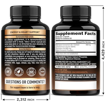 Ceylon Cinnamon Capsules - Extra Strength - Energy Heart & Metabolism Support for Men & Women - Pure Natural Cinnamon 20:1 Extract Supplement
