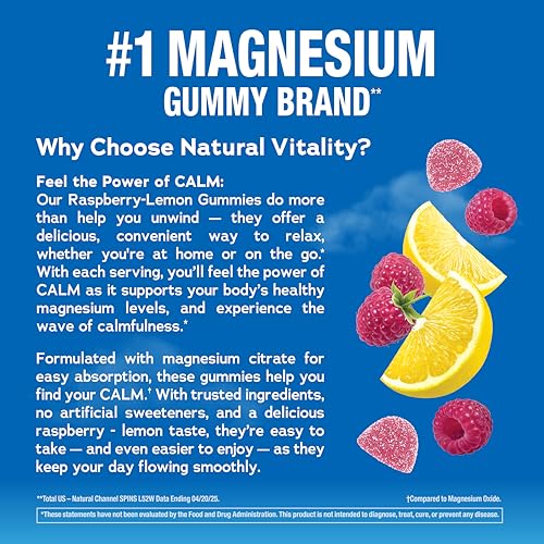 Natural Vitality Calm Magnesium Gummies | 330mg Per Serving | Raspberry Lemon Flavored Supplement | Gluten-Free & Vegan | 240 Count Natural VitalityBuy Supplements Australia
