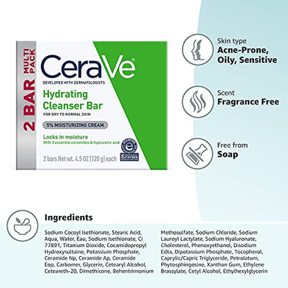 CeraVe Hydrating Cleanser Bar, Soap-Free Body and Facial Cleanser with 5% Moisturizing Cream, Fragrance-Free, 2-Pack, 4.5 Ounce Each