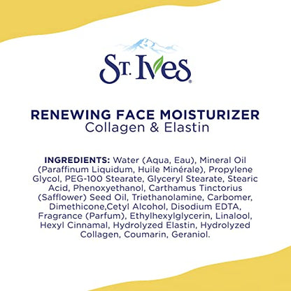 St. Ives Face Moisturizer Cream, Collagen and Elastin, Renewing Facial Moisturizer for Women, Paraben Free