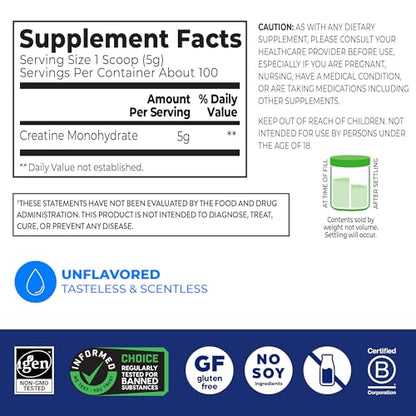 Orgain Creatine Monohydrate Micronized Powder, 100 Servings, Unflavored, Supports Muscle Growth, Post Workout Recovery and Brain Health, No Artificial Additives