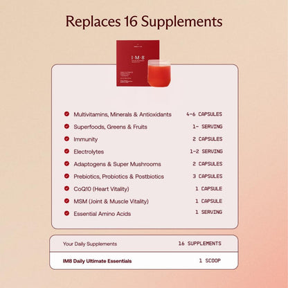 IM8 Daily Ultimate Essentials All-in-One Multivitamin Supplement, 92 Nutrient Rich Ingredients CoQ10, Probiotics, Vitamins, Greens, Gluten Free, Vegan,