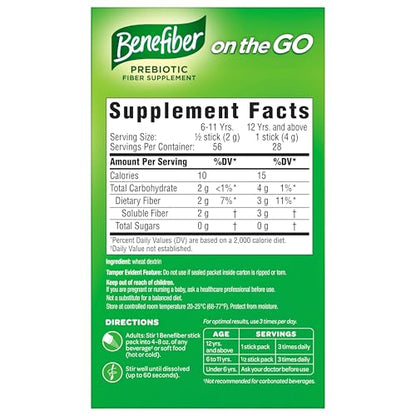 Benefiber On The Go Prebiotic Fiber Supplement Powder for Digestive Health, Daily Fiber, Unflavored - 28 Sticks (3.92 Ounces)