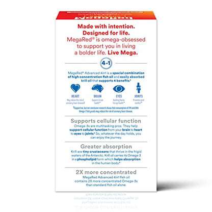 Megared Omega-3 Fish Oil + High Absorption Krill Oil 500mg Softgels, MegaRed Advanced 4in1 (80 count in a bottle) Concentrated Omega-3 Fish