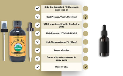 Prime Natural Organic Black Seed Oil 4oz - Cold Pressed Unrefined High Thymoquinone 1.7% USDA Certified - Turkish Origin Potent Nigella Sativa Liquid
