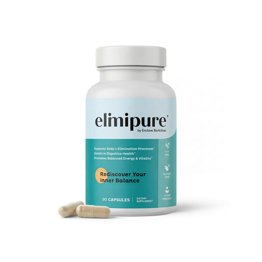 Elimipure supplement bottle with capsules on a white background