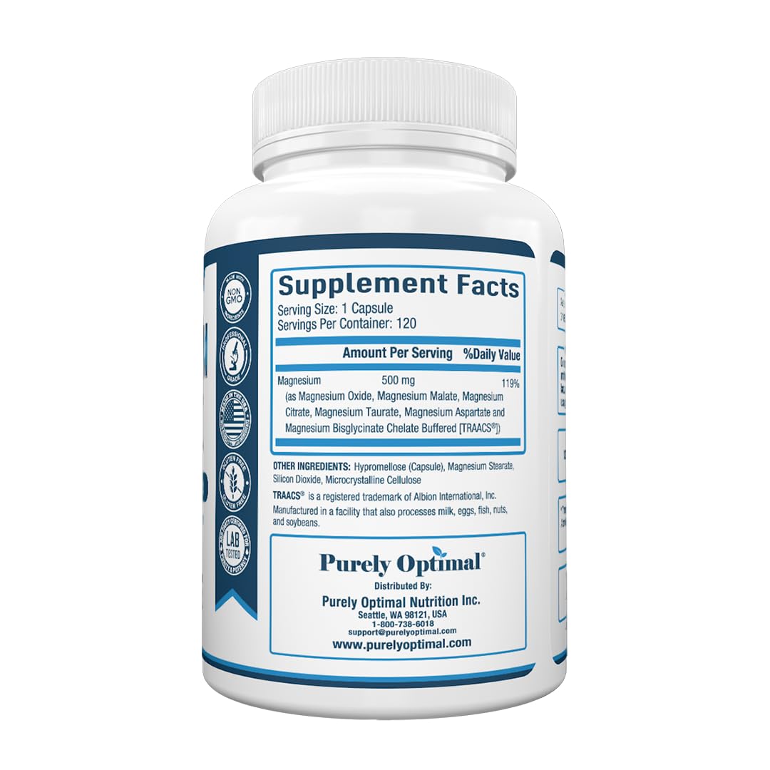 Purely Optimal Magnesium Complex - 6 Forms Magnesium Glycinate, Citrate & Malate - Sleep Support, Stress Relief, Muscles, Heart Health & Relaxation - Magnesium Supplement for Women & Men, 120 Caps Purely Optimal buy supplements Au