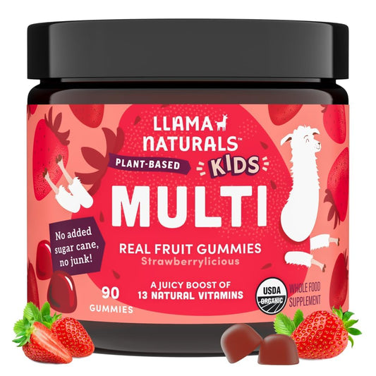 Llama Naturals Kids Multivitamin Gummies | Real Fruit, No Added Sugar Cane | Organic Vegan Toddler Whole Food Vitamins | Vitamin D, C & Beta Carotene Gummy Supplement