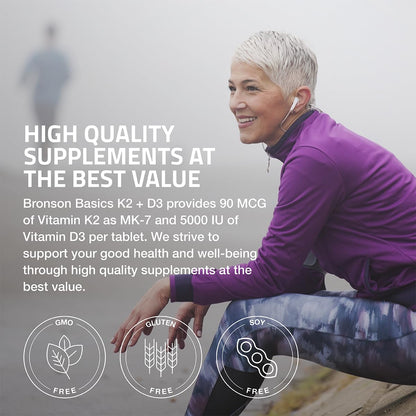 Bronson Vitamin K2 D3 (MK7) Supplement Non-GMO Formula Vitamin D3 5000IU (125 mcg) & 90 mcg K2 MK-7, Easy to Swallow D