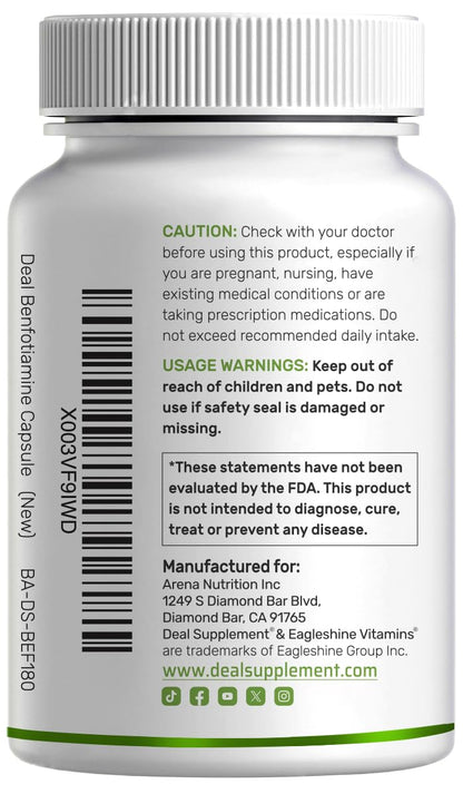 Benfotiamine 600mg Per Serving, 180 Veggie Capsules (300mg Per Cap) – Fat Soluble Vitamin B1 Thiamine Supplement
