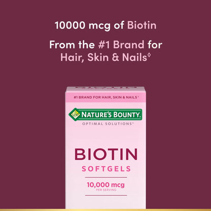 Nature's Bounty Biotin 10000mcg Supplement, Supports Healthy Hair, Skin and Nails, Optimal Solutions Hair Vitamin with Biotin