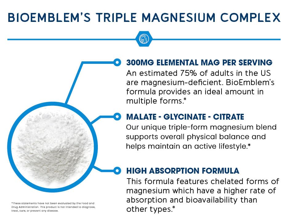BioEmblem Triple Magnesium Complex | 300mg Magnesium Glycinate, Malate & Citrate | High Absorption Chelated Formula | Vegan, Non-GMO, Gluten-Free | 90 Capsules BioEmblemBuy Supplements Australia