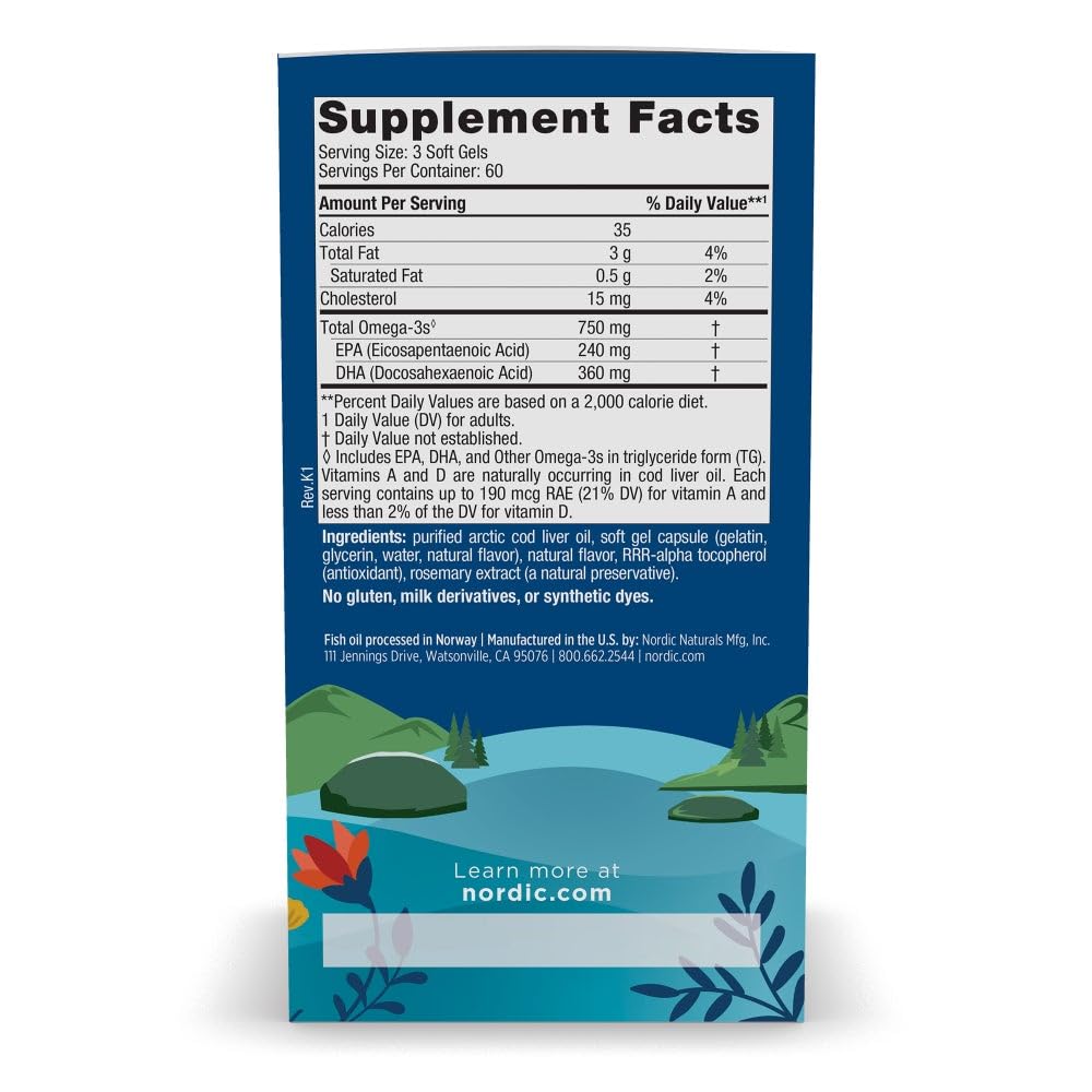 Nordic Naturals Arctic Cod Liver Oil, Lemon - 180 Soft Gels - 750 mg Total Omega-3s with EPA & DHA - Heart & Brain Health, Healthy Immunity, Overall Wellness - Non-GMO - 60 Servings Nordic NaturalsBuy Supplements Australia
