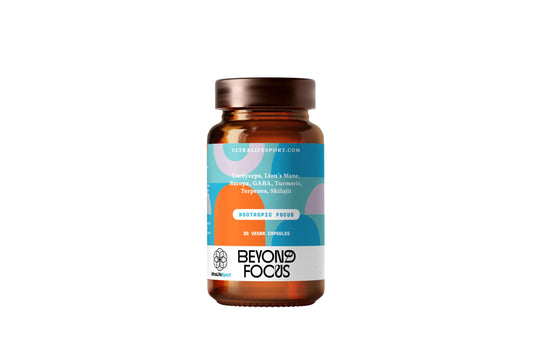 Bottle of 'Beyond Focus' supplement on a white background