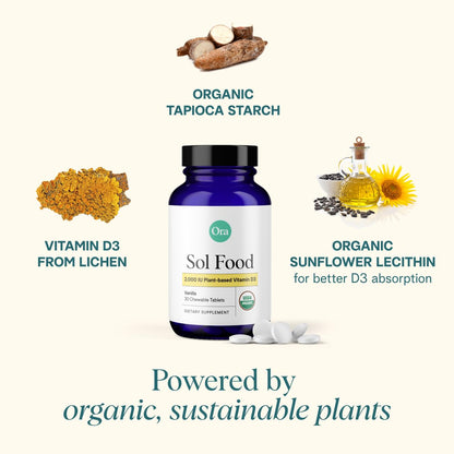 Ora Organic Vitamin D3 2000IU - Vegan Vitamin D Chewables from Lichen for Bone Health, Immune Support, & Mood | Maximum Absorption - 1 Month Supply, 30 Vegan Chewable Vanilla Tablets