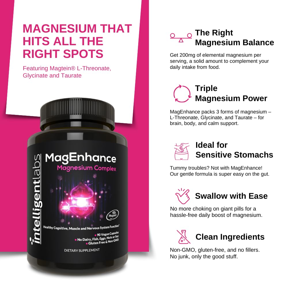 Intelligent Labs MagEnhance Magtein Magnesium Complex Supplement L-Threonate with Magnesium Glycinate and Taurate, 90 Capsules Intelligent Labs buy supplements Au