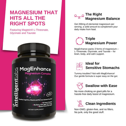 Intelligent Labs MagEnhance Magtein Magnesium Complex Supplement L-Threonate with Magnesium Glycinate and Taurate, 90 Capsules Intelligent Labs buy supplements Au