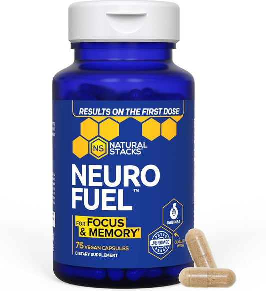 Blue supplement bottle labeled 'Neuro Fuel' by Natural Stacks with a white cap on a white background.