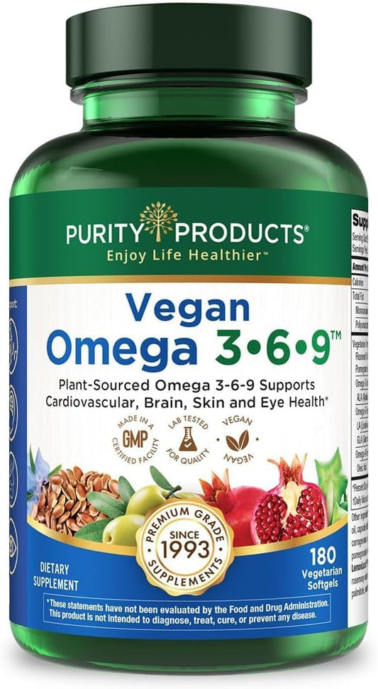 Purity Products Vegan Omega 3 6 9 Formula - “5 in 1” Essential Fatty Acid Complex - Scientifically Formulated Plant-Based Vegan Omega 3-6-9 Essential Fatty Acids