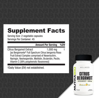 NutraBio Citrus Bergamot Bergamonte Extract Supplement, 1,000mg - May Help Promote Cardiovascular Health and Wellness, 90 Capsules