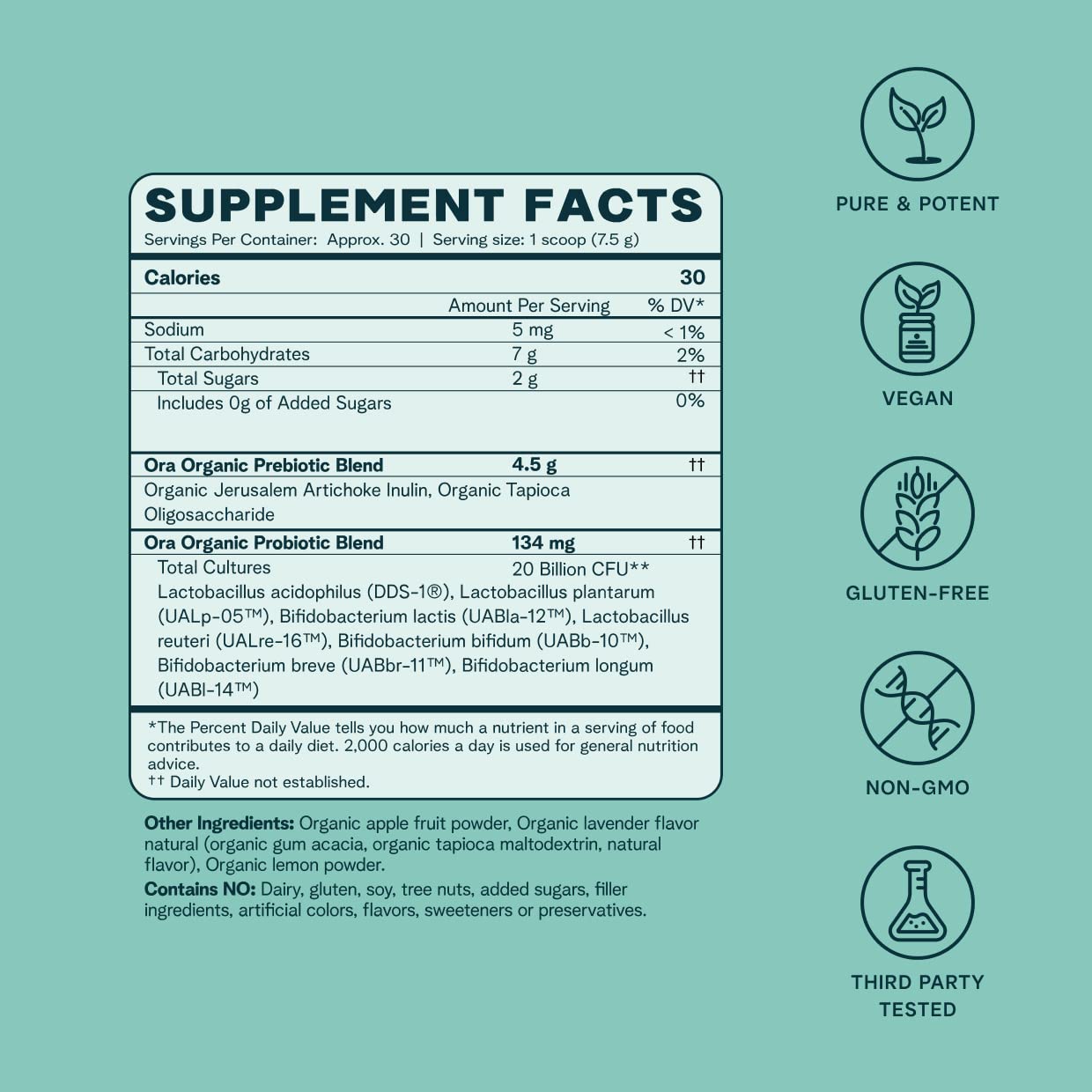 Ora Organic Prebiotic and Probiotic Powder Supplement - 20 Billion Probiotics, 7 Strains for Best Prebiotic Powder, Non-GMO, Probiotics for Women, Men & Kids - Lavender Lemonade Flavor, 30 Servings Ora Organic buy supplements Au