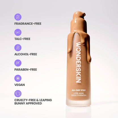 Wonderskin Hyper Bond All-Day Stay Serum Foundation – Waterproof, Transfer-Proof, 24HR Longwear Face Makeup with Niacinamide & Hyaluronic Acid – Lightweight, Natural Finish (Aura)