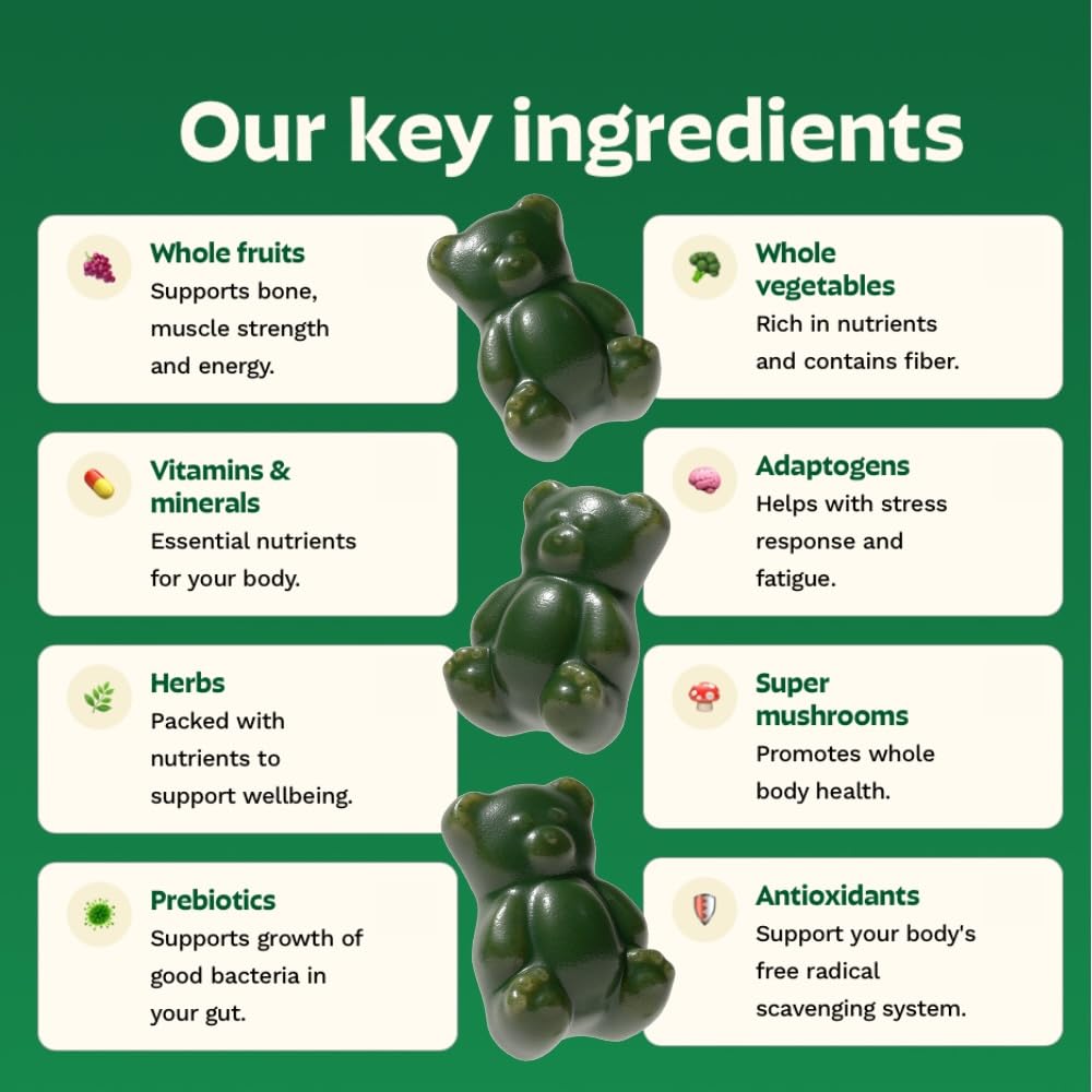 Gruns Sugar-Free Super Greens Gummies, Multivitamin Superfood Gummy Bears, Spirulina, Chlorella, Prebiotics & Fiber gummies for Digestive Health, Adaptogens Supplement, 20 Vitamins & Minerals, 10 pack Grüns buy supplements Au