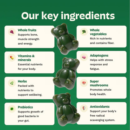 Gruns Sugar-Free Super Greens Gummies, Multivitamin Superfood Gummy Bears, Spirulina, Chlorella, Prebiotics & Fiber gummies for Digestive Health, Adaptogens Supplement, 20 Vitamins & Minerals, 10 pack Grüns buy supplements Au