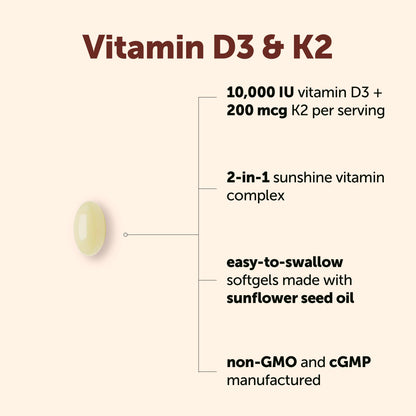 Micro Ingredients Vitamin D3 10,000 IU + K2 MK-7 200 mcg Per Serving, 90 Softgels | Extra Strength* 2-in-1 D3 K2 Supplement