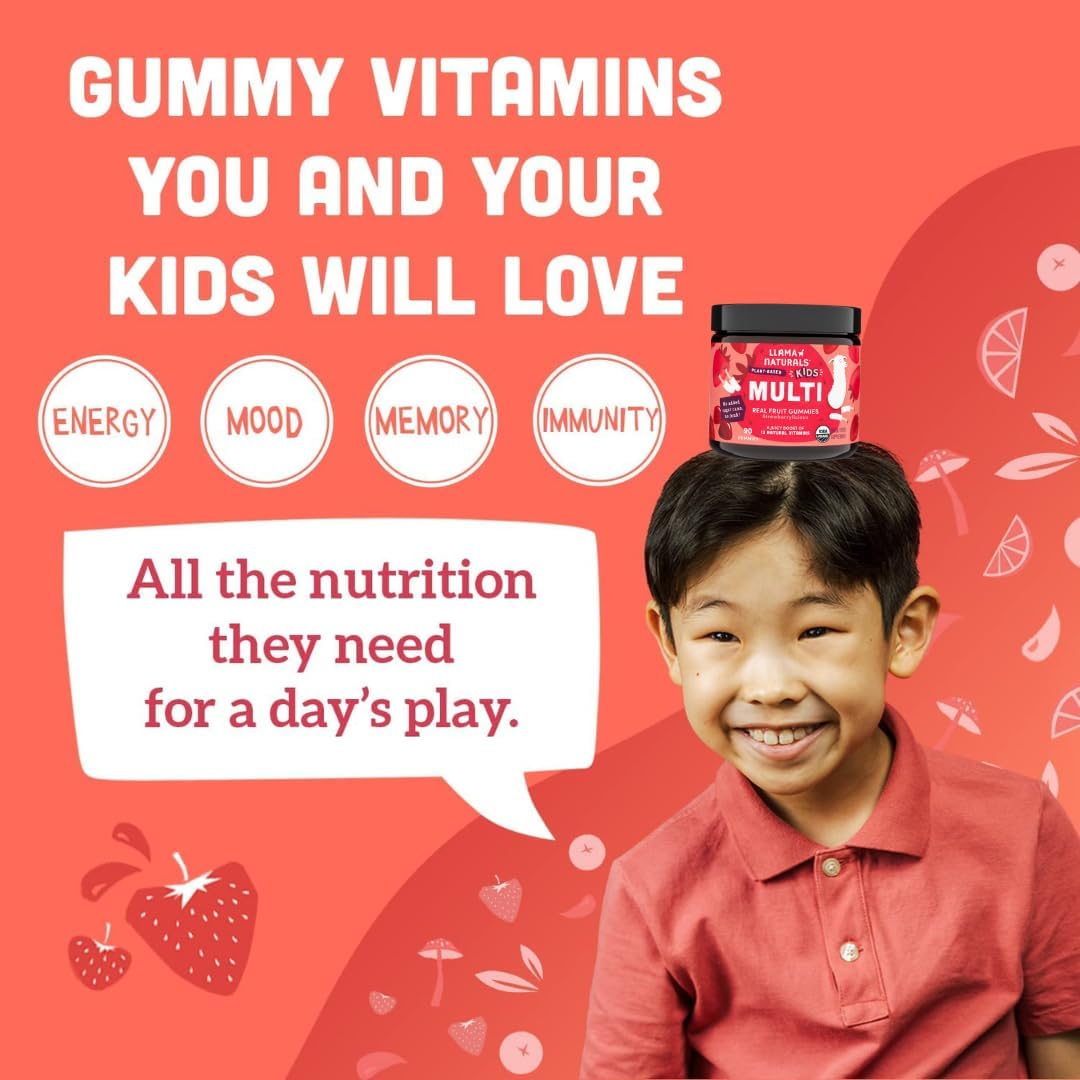 Llama Naturals Kids Multivitamin Gummies | Real Fruit, No Added Sugar Cane | Organic Vegan Toddler Whole Food Vitamins | Vitamin D, C & Beta Carotene Gummy Supplement