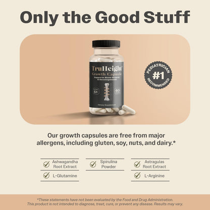 TruHeight Growth Capsules - Tall Nutrition for Natural Growth Supplement for Kids & Teens - Pediatric Vitamin D, K, Calcium & Ashwagandha - Bone Strength