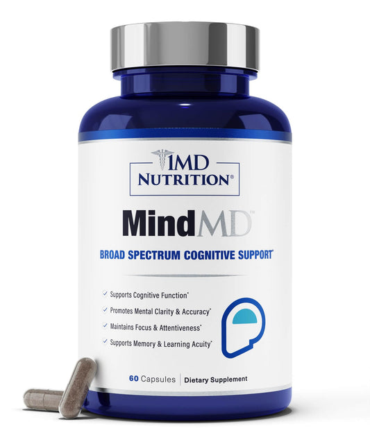 1MD Nutrition MindMD - Brain Supplement for Memory and Focus - Bacopa Monnieri for Nootropic Brain Support - Brain Health Supplement for Adults - with Vitamin B6 & Green Tea Extract - 60 Caps 1MD NutritionBuy Supplements Australia