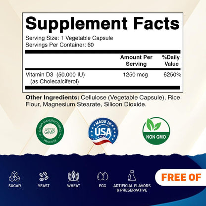 Vitamatic Vitamin D3 50,000 IU (as Cholecalciferol), Once Weekly Dose, 1250 mcg, 60 Veggie Capsules 1 Year Supply, Progressive Formula Helping