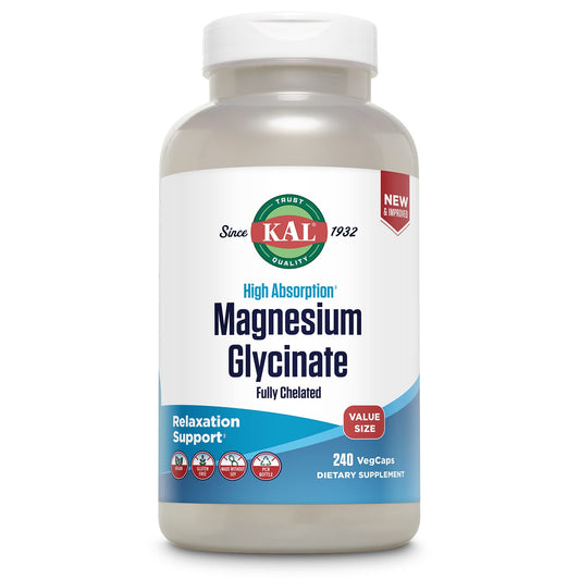 KAL Magnesium Glycinate, New & Improved Fully Chelated High Absorption Formula with BioPerine, Bisglycinate Chelate for Stress, Relaxation, Muscle & Bone Health Support, 60 Servings, 240 VegCaps KALBuy Supplements Australia