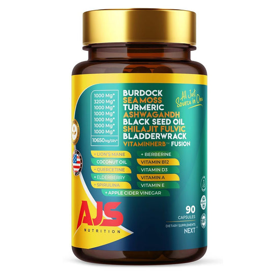 AJS Sea Moss Capsules 3200mg, Himalayan Shilajit 1000mg with Black Seed Oil, Ashwagandha, Turmeric, Bladderwrack, Burdock, Vitamins, Berberine, Lion’s Mane Mushroom, Elderberry- 90 Caps AJS NutritionBuy Supplements Australia