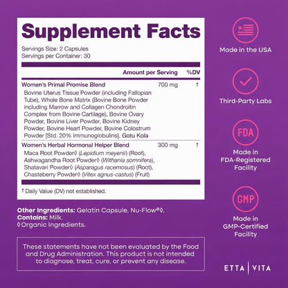 Primal Beef Organ Supplement for Women (Made in USA) Boosted w Shatavari, Maca, Ashwagandha, and Chasteberry - Grass Fed Uterus, Ovary, Liver, Kidney, Heart Bone Matrix