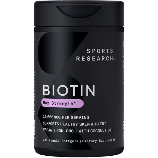 Sports Research® Biotin 10,000mcg with Organic Coconut Oil - Biotin (Vitamin B7) for Healthy Skin and Hair Support* - for Women and Men - Vegan, Non-GMO, Gluten & Soy-Free - 120 Veggie Softgels Sports Research buy supplements Au