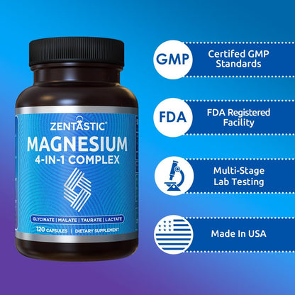 Zentastic Magnesium Complex 4-in-1 Supplement – Magnesium Glycinate, Malate, Taurate & Lactate – Chelated High Absorption for Nerves, Muscles, Bones & Immune Support – 120 Capsules Zentastic buy supplements Au