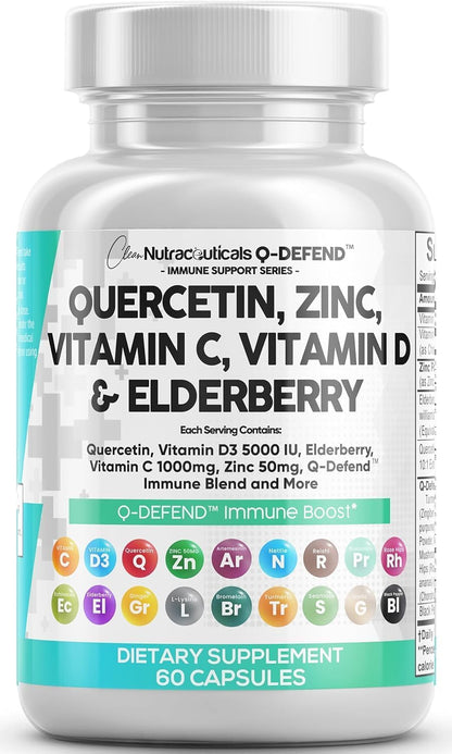Q Defend Quercetin Supplement with Zinc Vitamin C Vitamin D Elderberry Turmeric Black Pepper Garlic Ginger Sea Moss Lysine Stinging Nettle Reishi Mushroom Immune