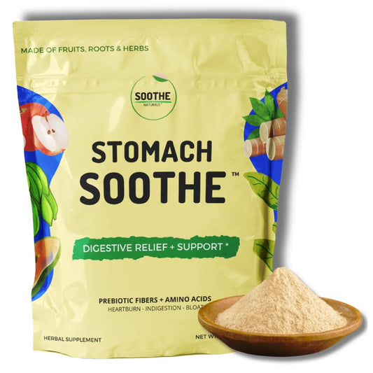 Packaging of 'Stomach Soothe' digestive relief supplement with a bowl of powder on a white background