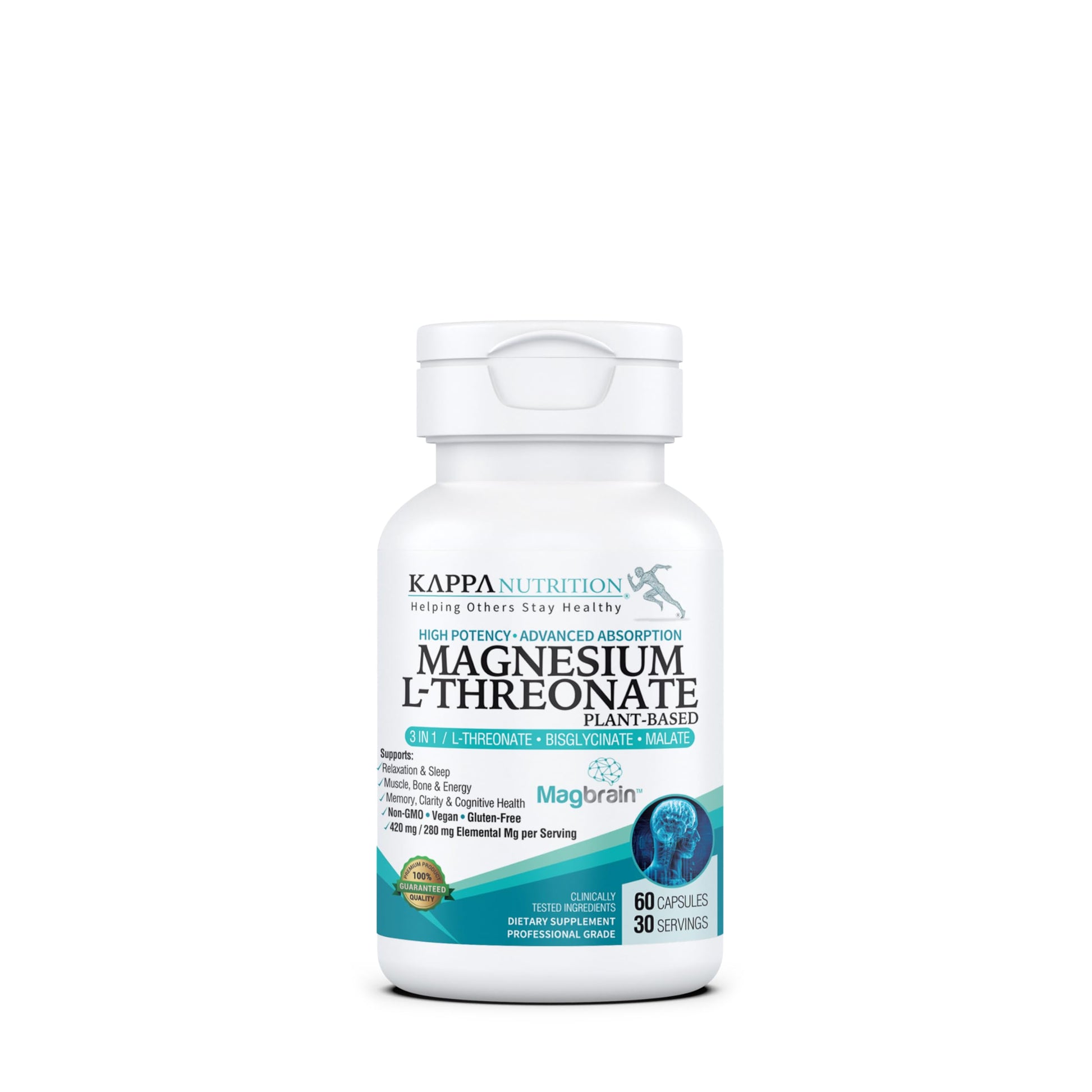Kappa Nutrition Powered by Magbrain™ Magnesium L-Threonate Plant-Based, 60 Vegan Capsules, 420mg Elemental Magnesium (3 Capsules) from 2,253mg, Brain, Sleep & Muscle Support. KAPPA NUTRITIONBuy Supplements Australia