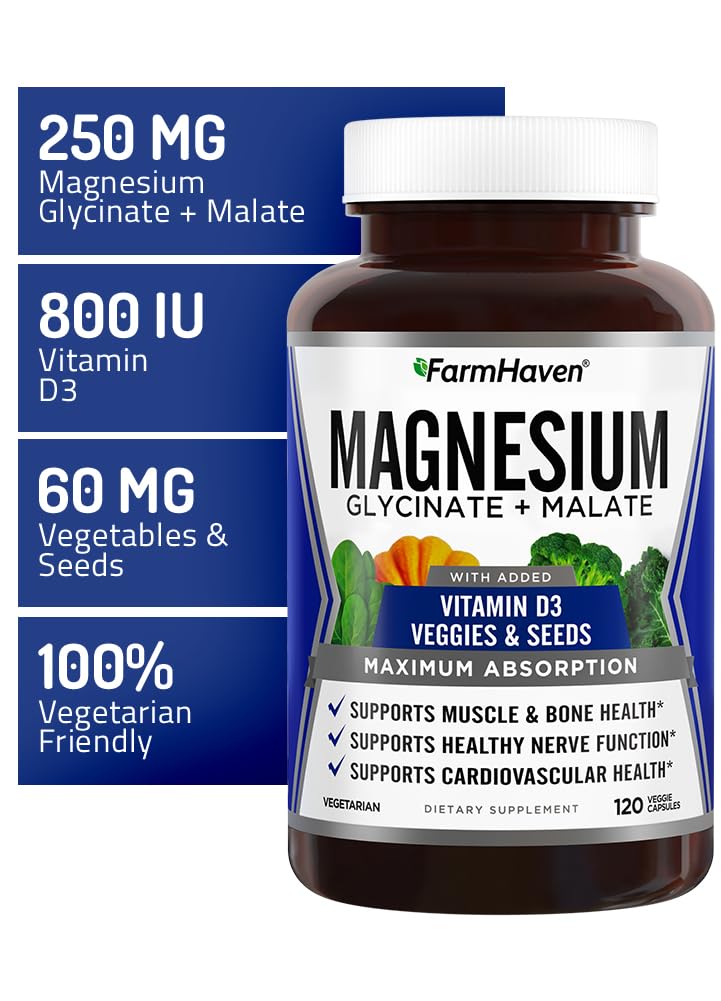 FarmHaven Magnesium Complex –Magnesium Glycinate & Malate w/Vitamin D3, 100% Chelated for Max Absorption, Vegetarian – Bone Health, Nerves, Muscles, 120 Capsules, 60 Days FarmHavenBuy Supplements Australia
