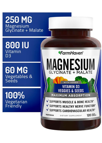 FarmHaven Magnesium Complex –Magnesium Glycinate & Malate w/Vitamin D3, 100% Chelated for Max Absorption, Vegetarian – Bone Health, Nerves, Muscles, 120 Capsules, 60 Days FarmHavenBuy Supplements Australia