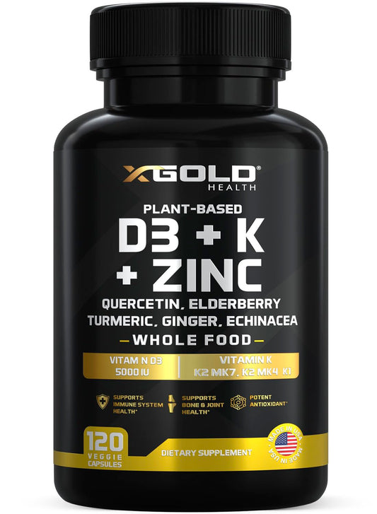 Supplement bottle labeled 'X-Gold Health' with vitamins D3, K, and Zinc on a white background.