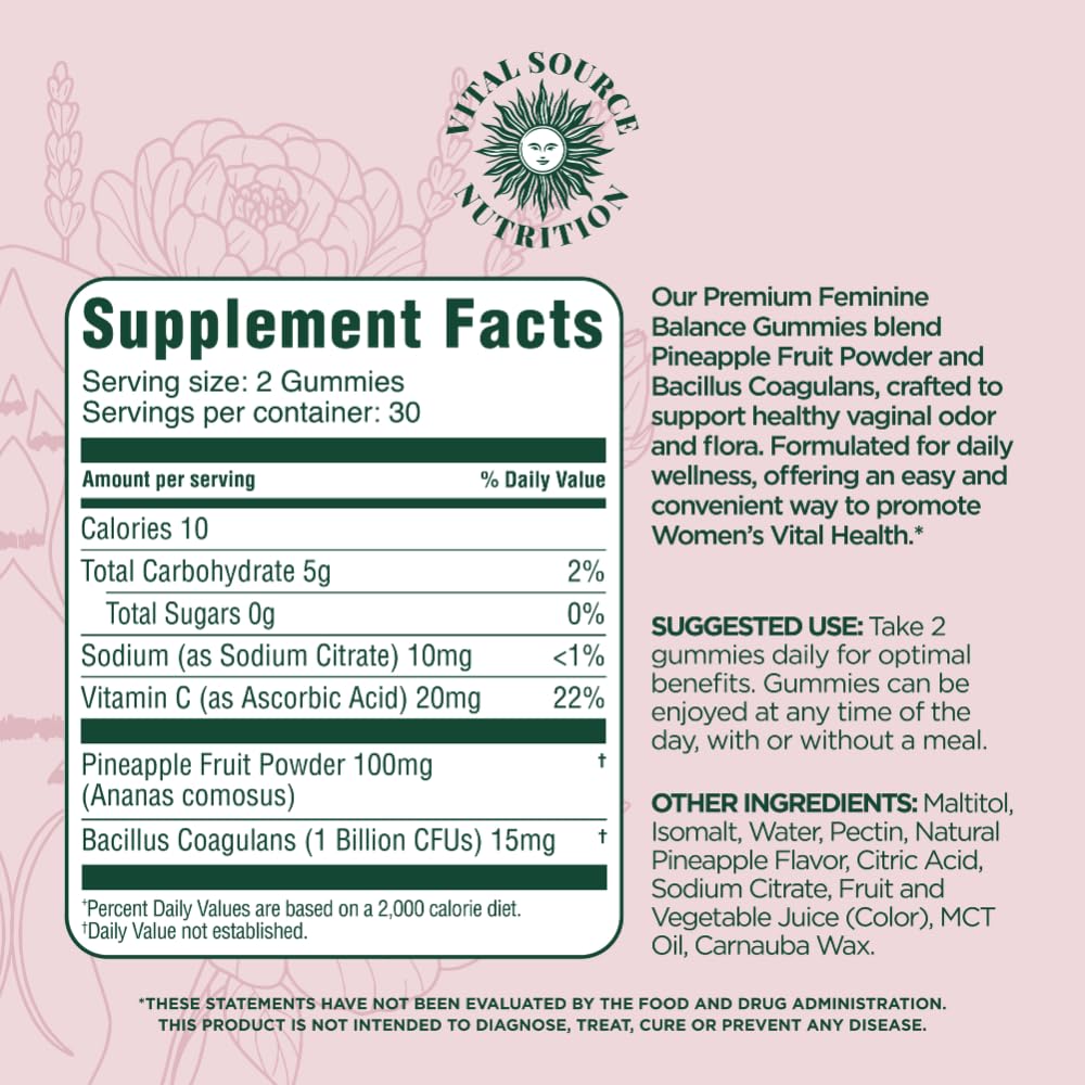 Vital Source Nutrition Vaginal Probiotic Gummies for Women - pH Balance and Immune Defense, Support Healthy Odor and Vaginal Flora - Vegan, Gluten-Free - Hawaiian Pineapple - 60 Gummies - 30 Servings Vital Source Nutrition buy supplements Au