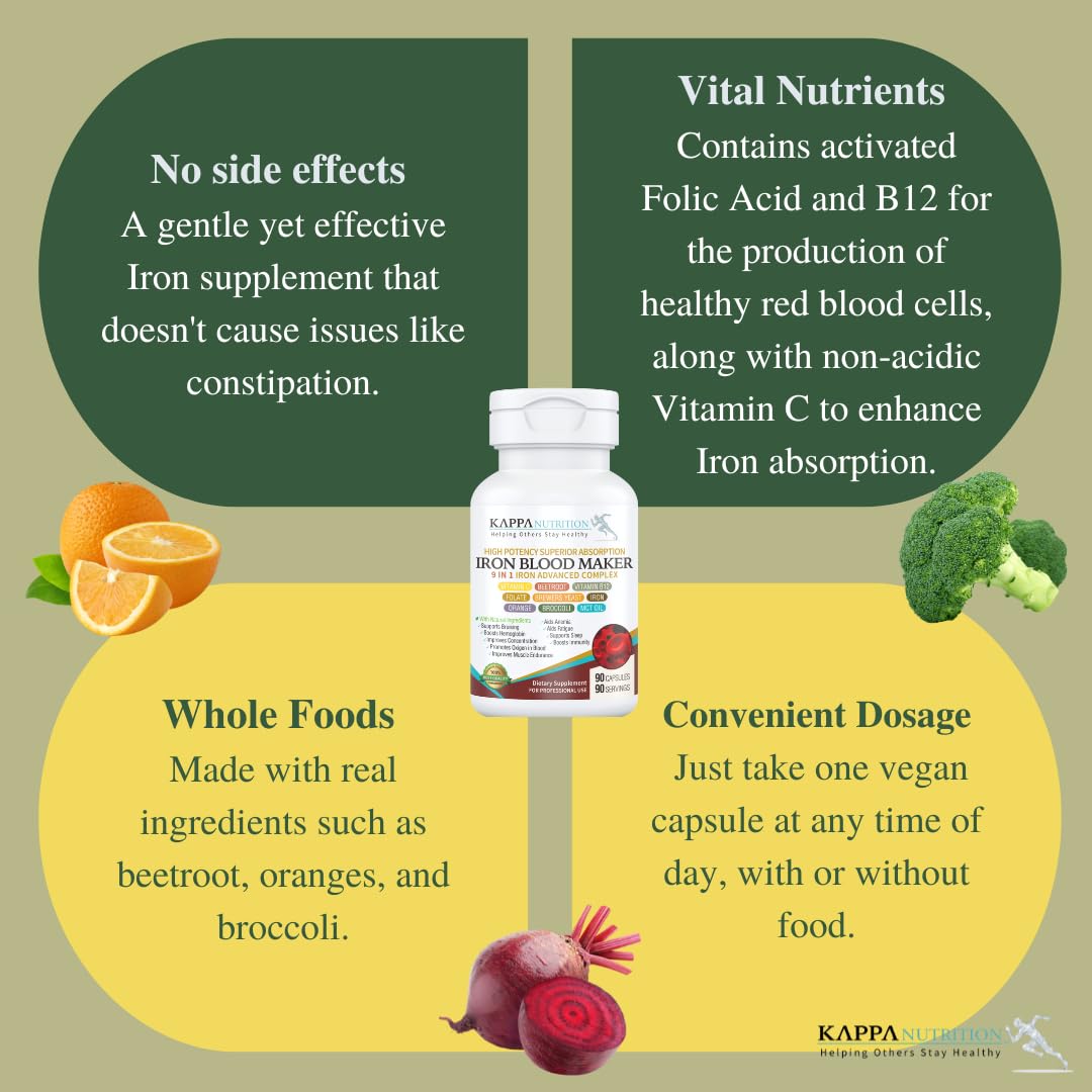 KAPPA NUTRITION Iron 26mg, Vitamin C & Orange 150mg, Folate 667mcg DFE, Vitamin B12, Beetroot, Brewers Yeast, Broccoli & MCT Oil 9 in 1 Advanced Complex (60 Capsules) KAPPA NUTRITIONBuy Supplements Australia