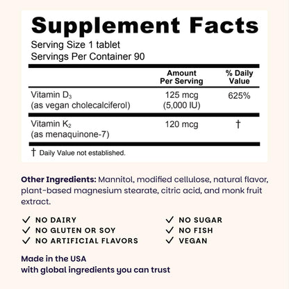 EZ Melts Dissolvable Vegan Vitamin D3 + K2 5,000 IU - Bone & Heart Health Support - Immune Function Support - No Artificial Flavors - Non-GMO - Green Apple