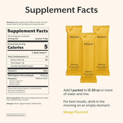 ProMix Nutrition Debloat Prebiotics and Probiotics Immune Support Supplement for Digestion, Cortisol Health, Gut Cleanse - Mango - 30 Servings (Pack of 30)