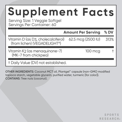Sports Research® Vitamin D3 + K2 w/Coconut Oil - Vegan Vitamin D 2500iu (62.5mcg) & Mk7 Vitamin K 100mcg for Bone & Immune Support - Vegan Certified · Non-GMO · Soy Free - 60 Softgels Sports Research buy supplements Au